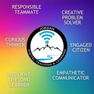 Graphic has the digital teaching & learning logo in the center with the 6 portrait of a graduate traits written around it on a multicolored background.